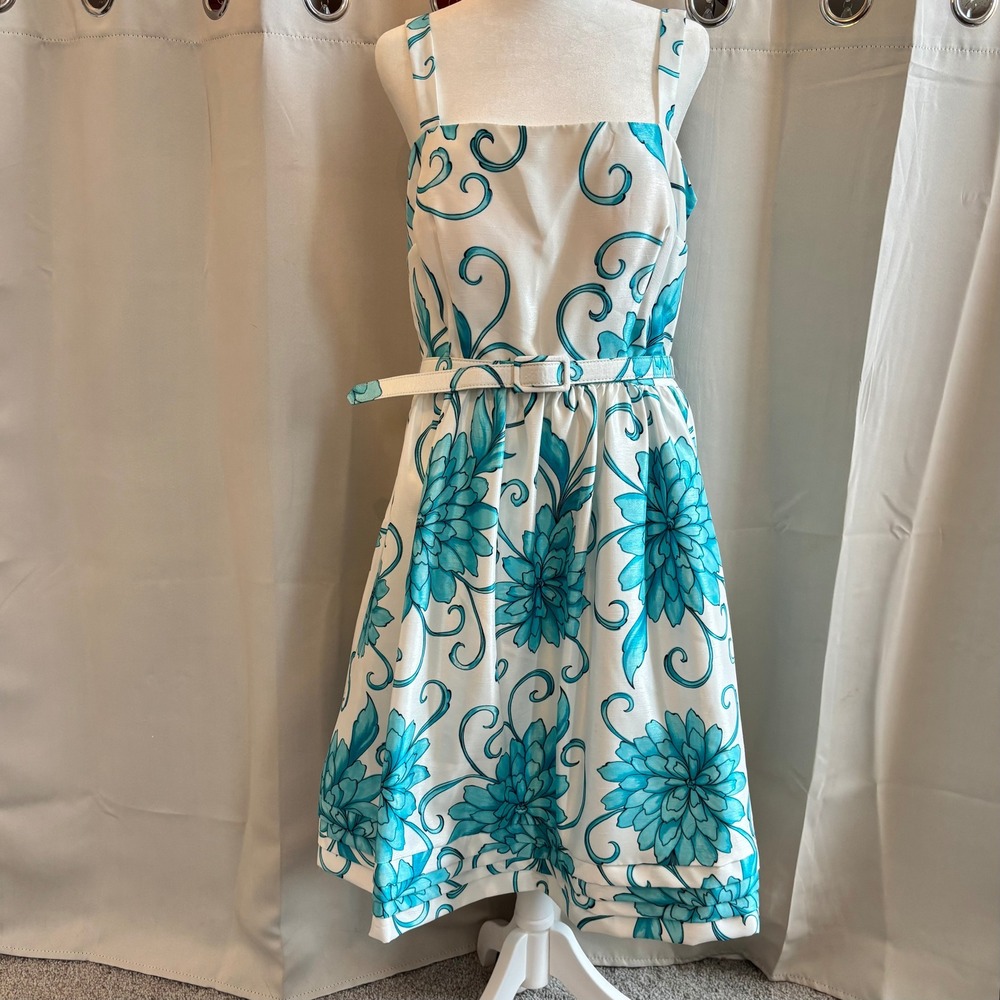 Ceces NY Floral Dress Blue Square Neck Belted Fit Flare Garden Party Pinup 19858